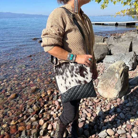 New Genuine Cowhide & Quilted Leather Crossbody Flap Bag Western Festival Black - Picture 2 of 16